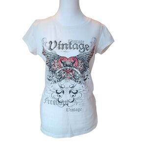 Eevee White Black Embellished Rhinestones Red Heart With Wings Fitted Tee Shirt